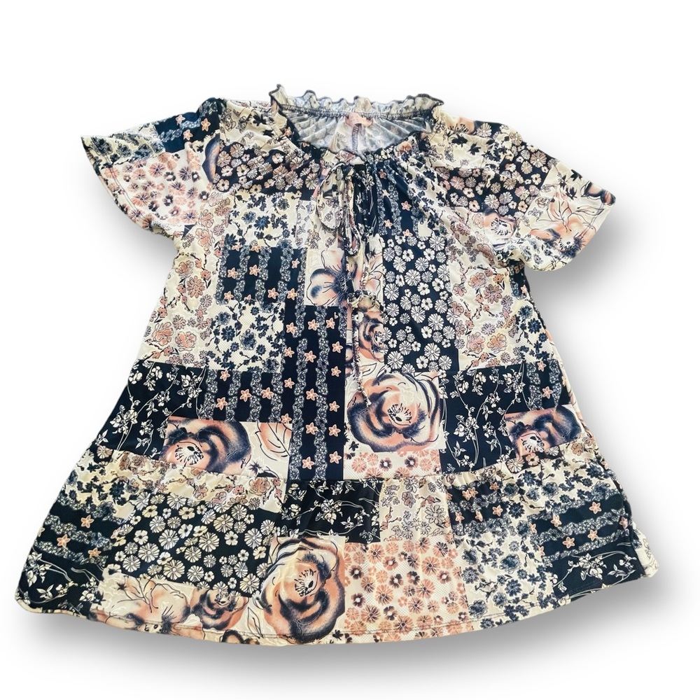 Amana Navy/Cream Mixed Print Short Sleeve Peasant Blouse Women's Size 1X Floral